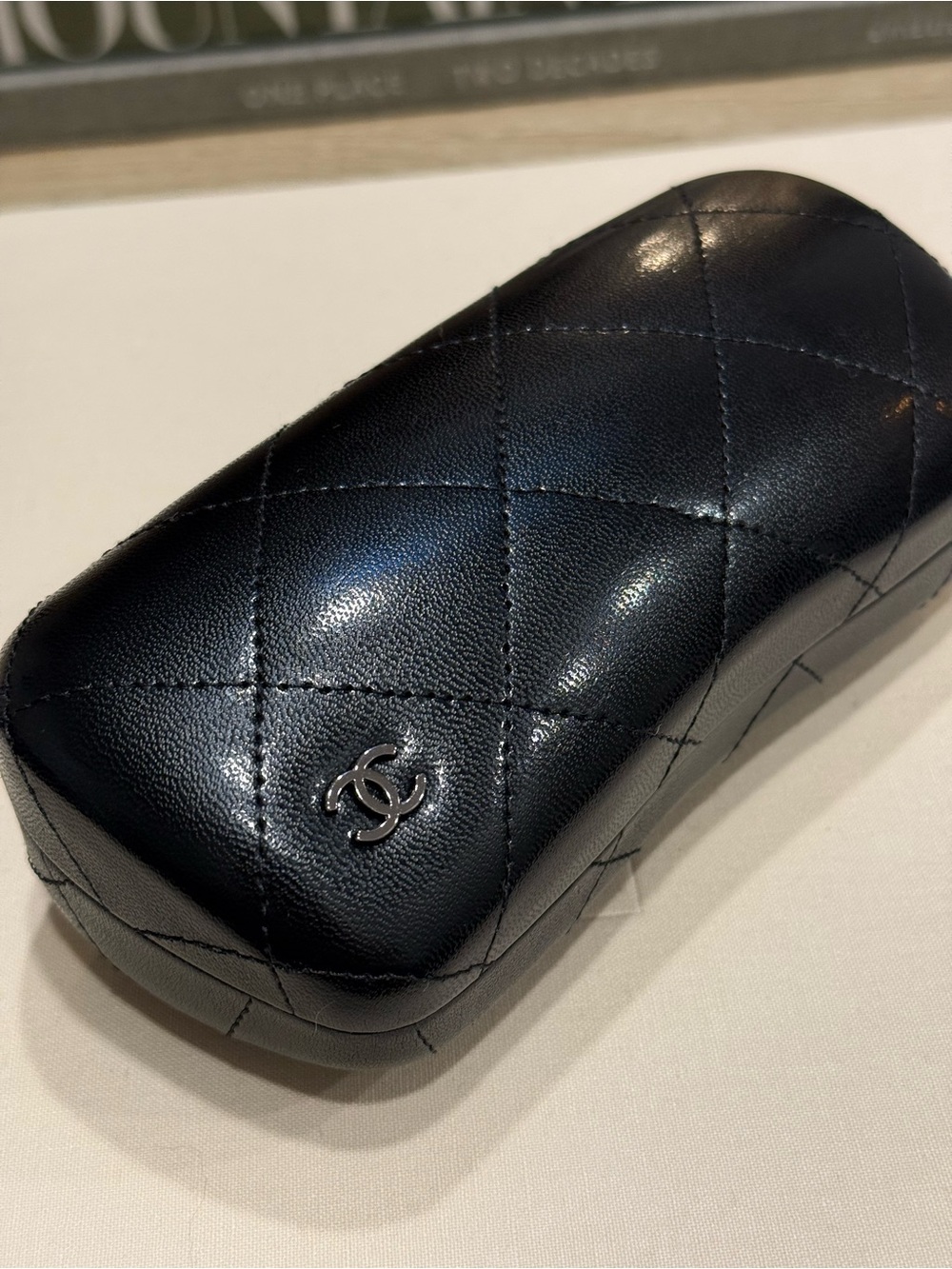 CHANEL Black Quilted Leather Sunglasses Case with Silver CC